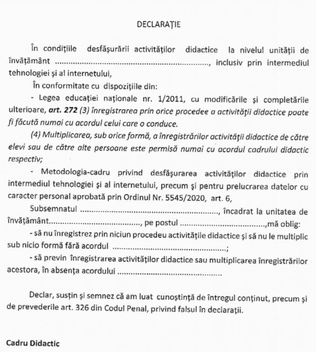 Ministerul Educației a introdus declarația pe propria răspundere pentru școala online