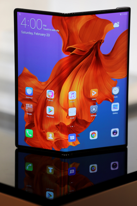 The new Huawei Mate X device is seen during a pre-briefing display ahead of the Mobile World Congress in Barcelona, Spain, February 23, 2019. Picture taken February 23, 2019. REUTERS/Sergio Perez