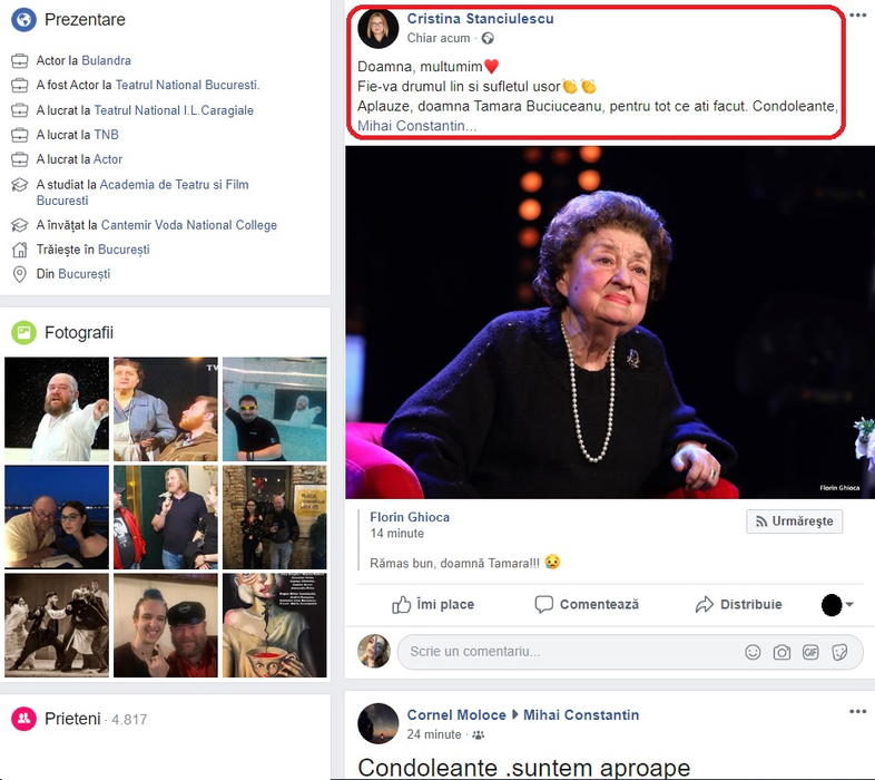 Sfâșietor! Mesajul transmis pe pagina de Facebook a nepotului Tamarei Buciuceanu-Botez la scurt timp după ce actrița a murit