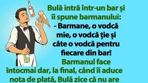 BANC | Bulă intră în bar: "Barmane, o vodcă mie, o vodcă ție și câte o vodcă pentru fiecare din bar!"