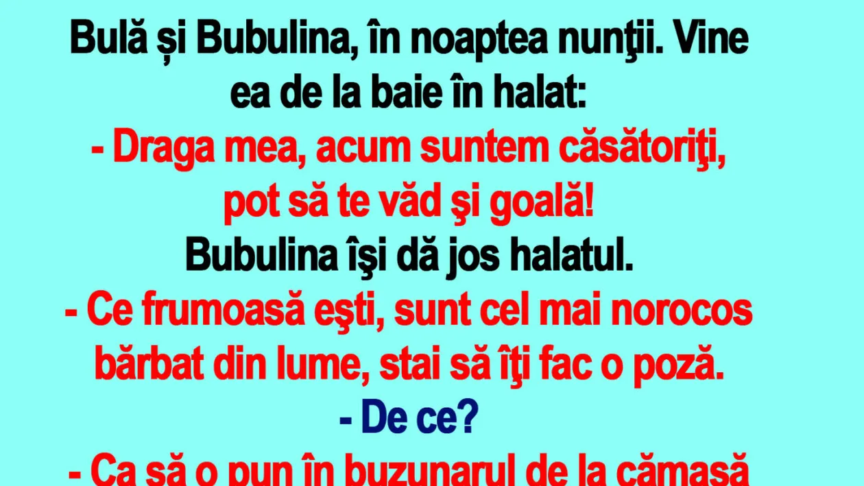 BANC | Bulă și Bubulina, în noaptea nunţii: Acum suntem căsătoriți, pot să te văd și goală!