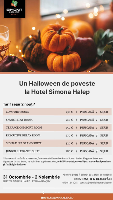 Cât costă să petreci Halloween-ul la hotelul Simonei Halep din Poiana Brașov. Prețurile sunt ”înfiorătoare”