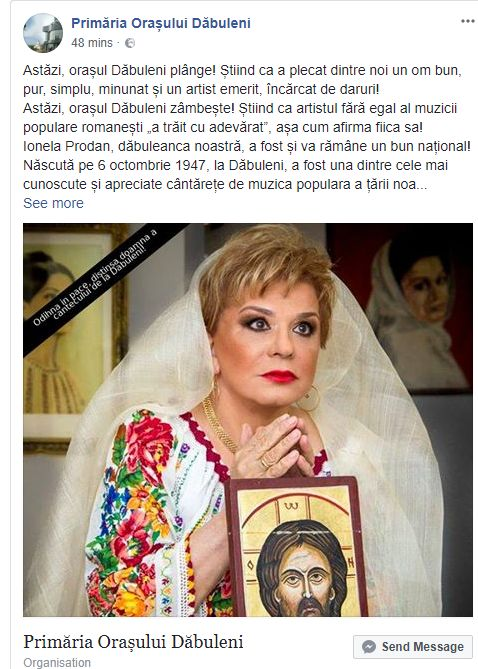 Mesajul postat pe pagina Primăriei orașului Dăbuleni