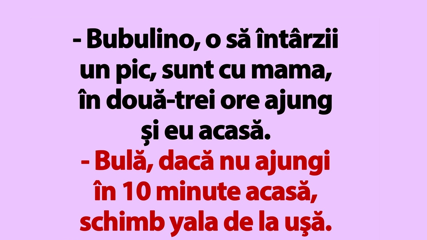 BANC | "Bulă, dacă nu ajungi în 10 minute acasă, schimb yala de la uşă"