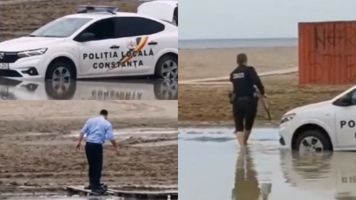 Ei sunt Stan şi Bran din Poliția Română! Unul şi-a suflecat pantalonii ca să poată să scoată maşina împotmolită pe plajă, iar celălalt... VIDEO ireal