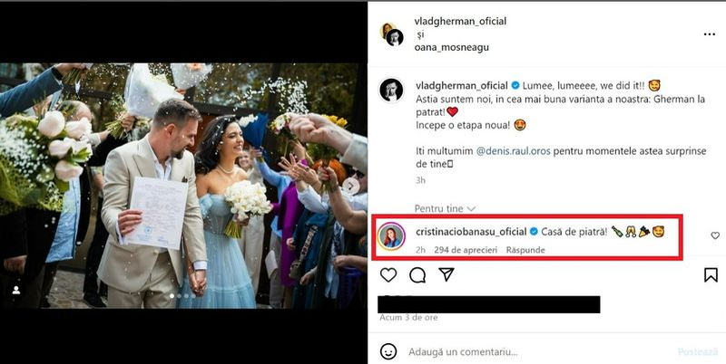 Cristina Ciorbănașu, mesaj pentru Vlad Gherman și Oana Moșneagu /Foto: Instagram