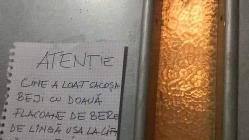 Anunțul ilar lipit de un bucureștean, pe liftul blocului în care locuiește: "Cine e loat sacoșa beji cu doauă flacoane de bere.."