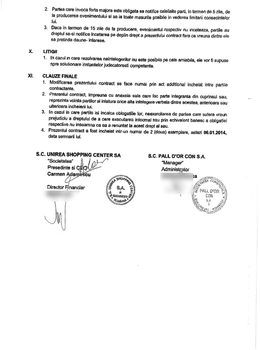Contractul dintre Unirea Shopping Center şi PALL D'OR CON SA