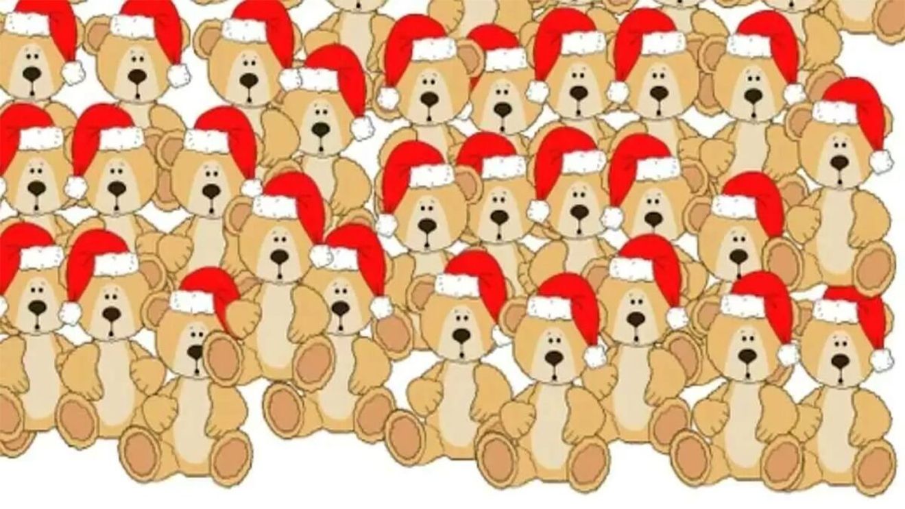 Test de perspicacitate | Un singur ursuleț nu are căciuliță de Moș Crăciun. Care?
