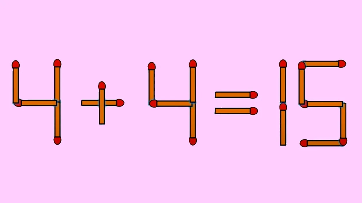 Test IQ cu chibrituri exclusiv pentru genii | Mutați un singur băț, pentru a corecta 4 + 4 = 15