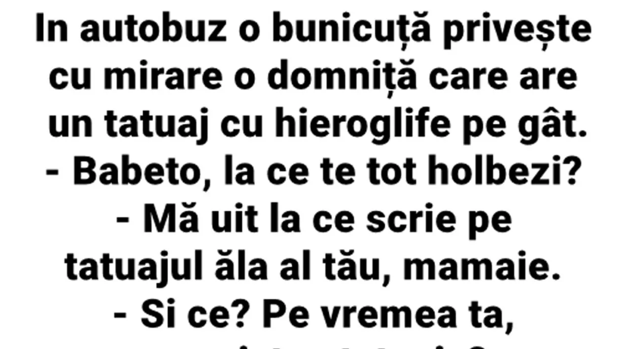 BANC | În autobuz, o bunicuță privește, cu mirare, o domniță care are un tatuaj cu hieroglife pe gât