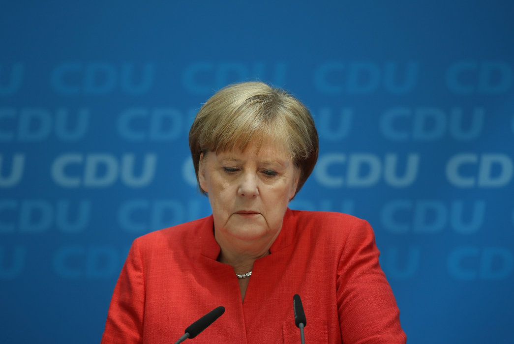 BERLIN, GERMANY - JUNE 18:  German Chancellor and leader of the German Christian Democrats (CDU) Angela Merkel speaks to the media following two days of talks amongst the CDU leadership at CDU headquarters on June 18, 2018 in Berlin, Germany. Merkel has been locked a fued with German Interior Minister and head of the Bavarian sister party to the CDU, the Bavarian Christian Democras (CSU), Horst Seehofer over asylum and migration policy.  (Photo by Sean Gallup/Getty Images)