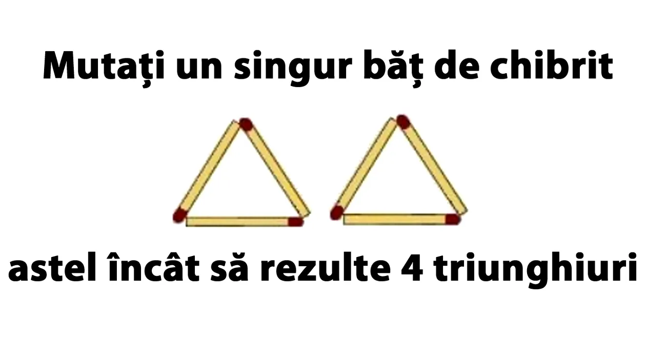 Cel mai tare test IQ: Mutați un singur băț de chibrit astel încât să rezulte 4 triunghiuri