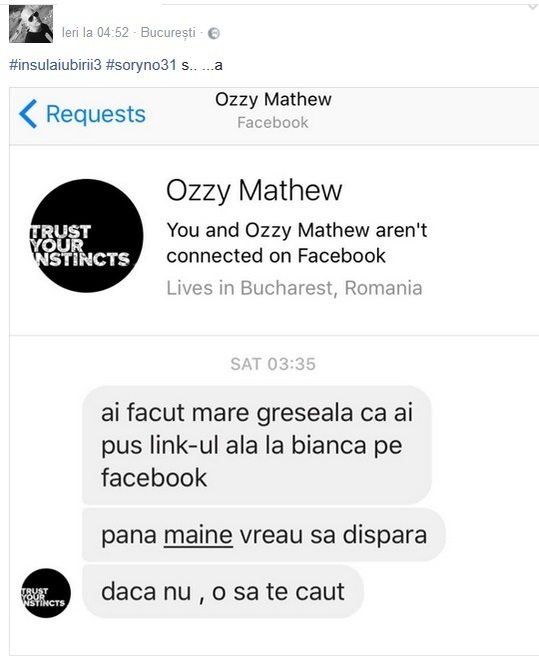Ben de la ”Insula iubirii”, ameninţat după ce a postat un material despre ispita Sorin