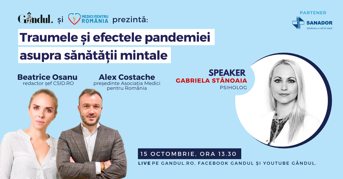 Află care sunt efectele statului în casă asupra psihicului și cum controlăm anxietatea pe timp de pandemie! Astăzi de la 13.30 în webinarul LIVE – Traumele și efectele pandemiei asupra sănătății mintale!