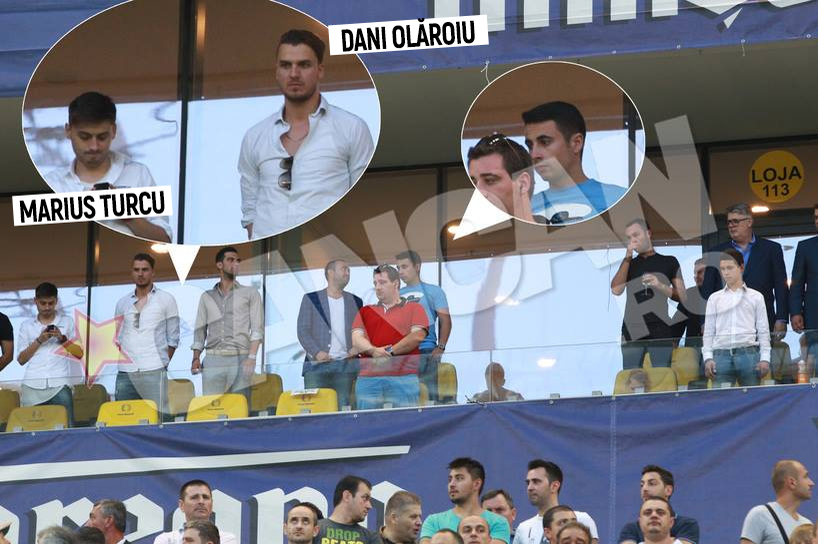 Marius Turcu şi Dani Olăroiu la un meci de Supercupă. În imagine mai apare şi Alin Cocoş (chenar mic) şi şeful LPF Gino Iorgulescu (în dreapta pozei)