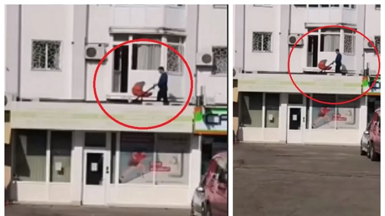 FOTO. Imagini ireale, în Pitești! Ce modalitate inedită a găsit un tătic pentru a-și plimba copilul, în contextul pandemiei de coronavirus