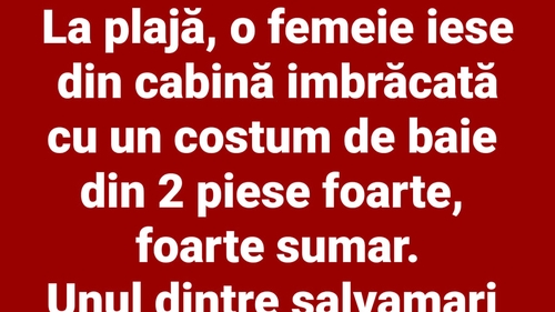 BANC | La plajă, o femeie iese din cabină îmbrăcată într-un costum de baie din 2 piese, foarte, foarte sumar