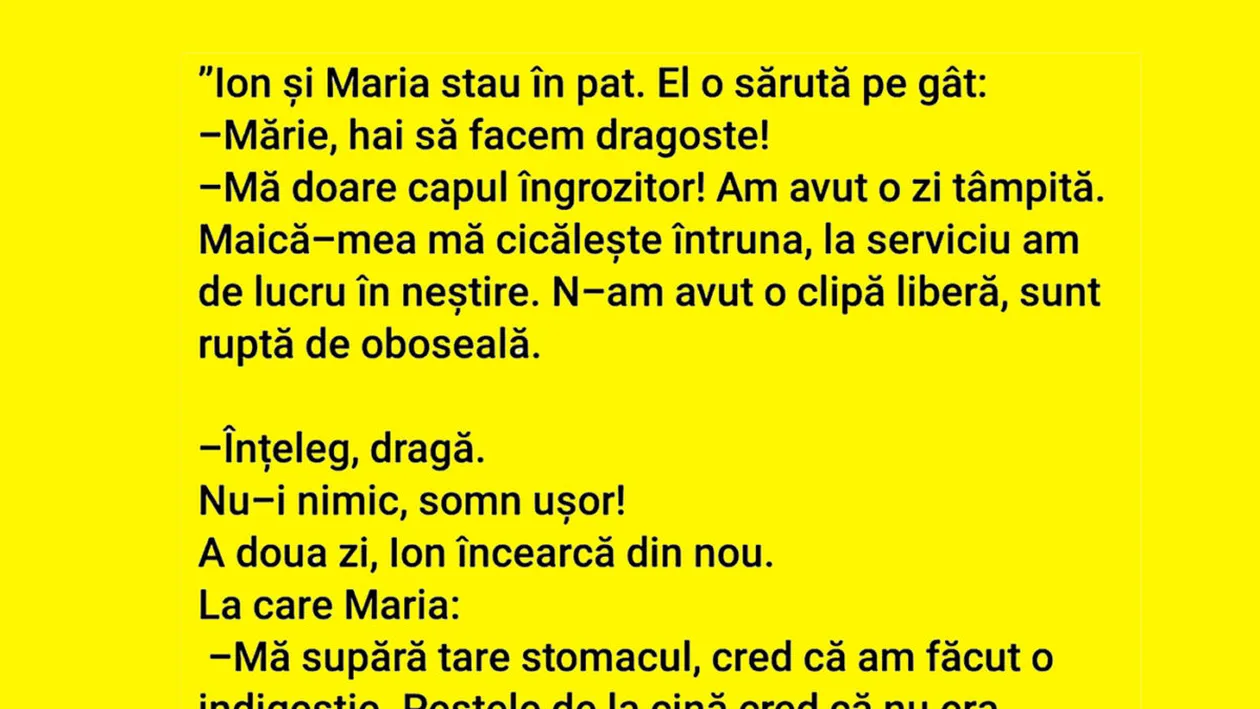 BANCUL ZILEI | Ion și Maria stau în pat: Hai să facem dragoste!