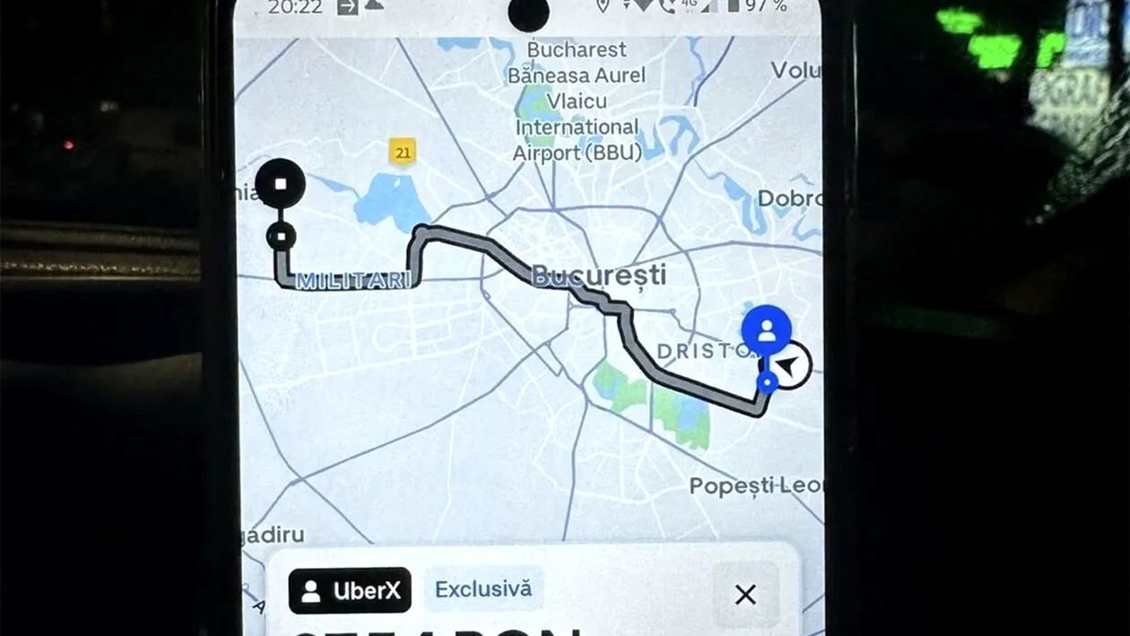 Un client a comandat o mașină Uber din Dristor în Chiajna. Cât a plătit pentru cursa de 19.6 km (41 de minute)