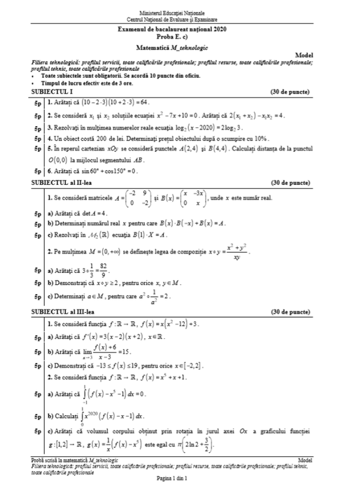Subiecte BAC la Matematică. Ce a picat în 2020 la M1 şi M2