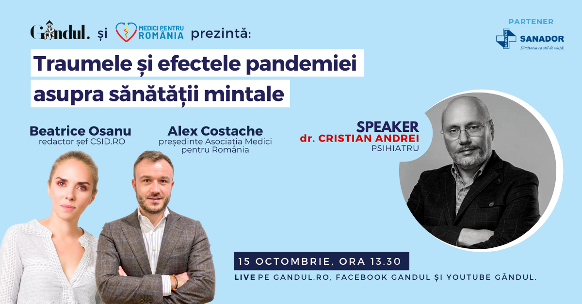 Află care sunt efectele statului în casă asupra psihicului și cum controlăm anxietatea pe timp de pandemie! Astăzi de la 13.30 în webinarul LIVE – Traumele și efectele pandemiei asupra sănătății mintale!