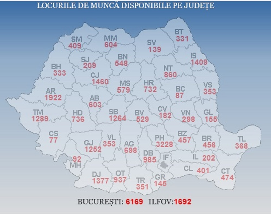 Aproape 35.000 de locuri de muncă disponibile în România, în 17 octombrie 2018. Situația pe județe – HARTĂ