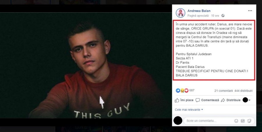 Haideți să ajutăm! Să fim eroi pentru Darius Bala care are nevoie urgentă de sânge. Andreea Bălan s-a alăturat luptei crâncene pe care o duc părinții tânărului care au făcut apel la oameni să doneze sânge. © Facebook