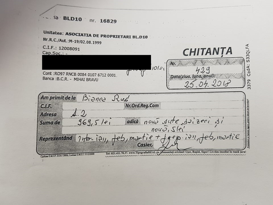 Chitanțele de la întreținere sunt tot pe numele Biancăi