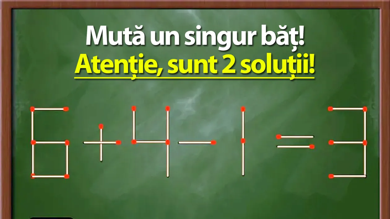 TEST IQ | Mutați un chibrit pentru a corecta 6+4-1=3. Geniile văd ambele soluții!