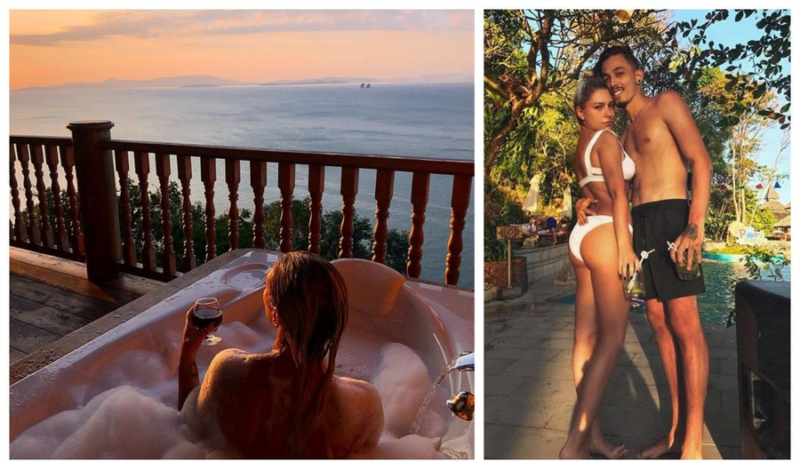 Jo, dezbrăcată într-o cadă plină cu spumă în timpul vacanței din Thailanda de la începutul anului trcut (foto stânga) și frumoasa artistă și Juno, într-una dintre locațiile din concediul lor într-un loc exotic © Facebook