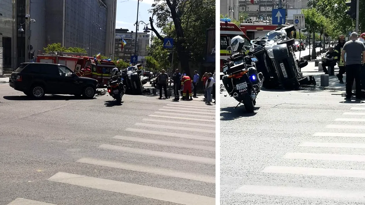 Accident înfiorător în București! Două mașini s-au ciocnit puternic, iar una dintre ele s-a răsturnat