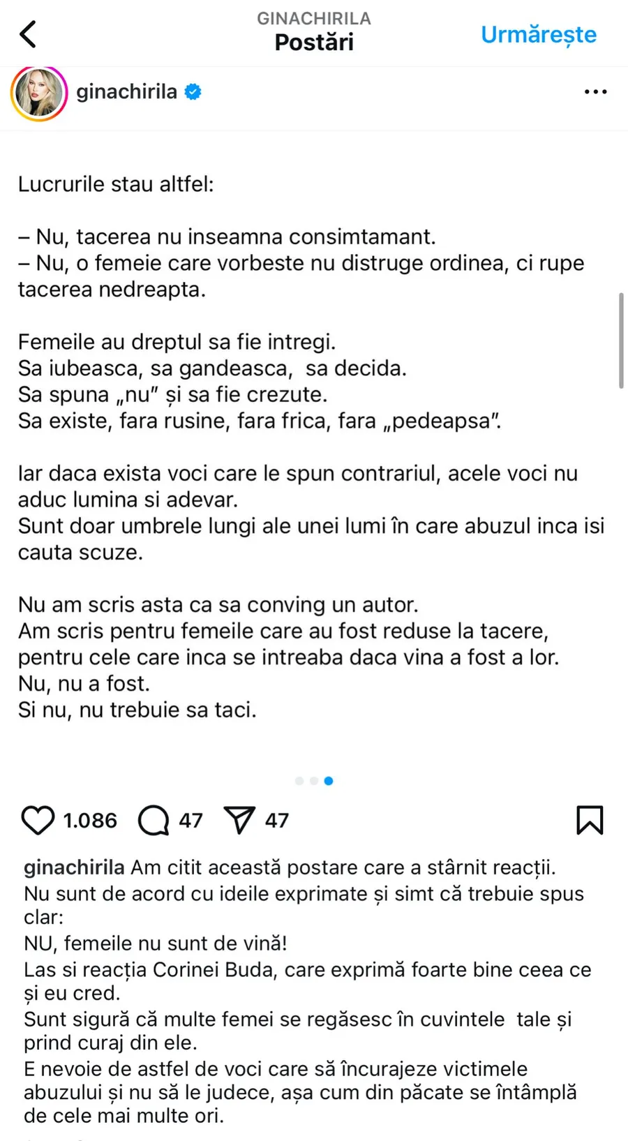 Postarea făcută de Gina Chirilă. Sursa foto: Instagram