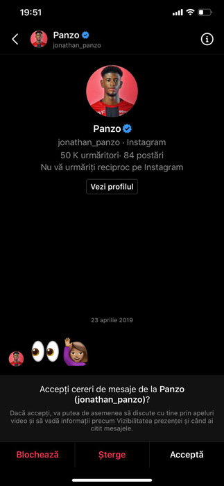 Mesaj primit de Andra Volos de la Jonathan William Panzo, fotbalist legitimat la Dijon