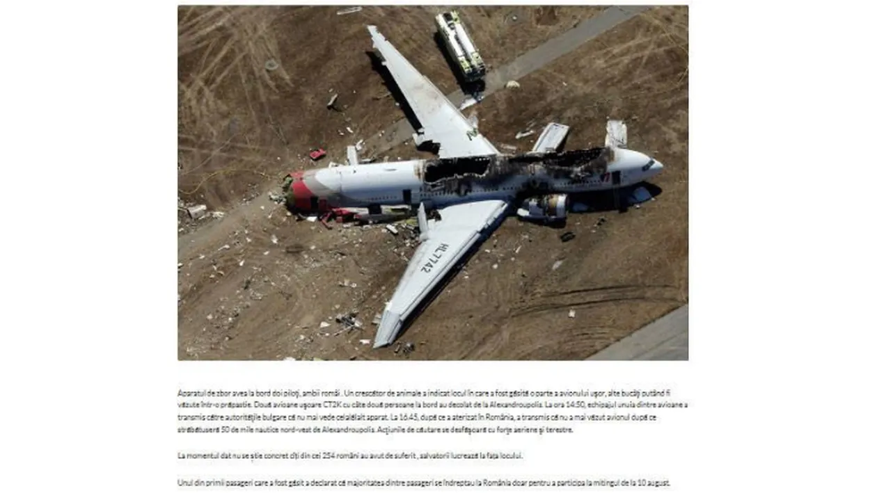 Atenție! Știrea falsă care a panicat România: Un avion cu 254 români a căzut în Franța! Ei se îndreptau spre București pentru a participa la protest 