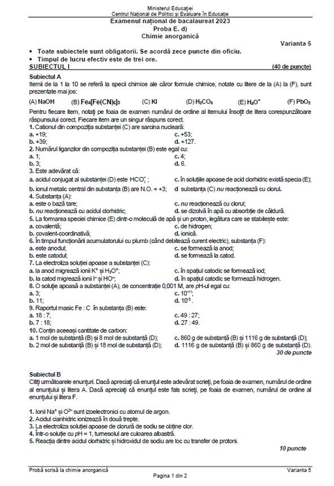 Subiectele la Chimie Anorganică (Part I)