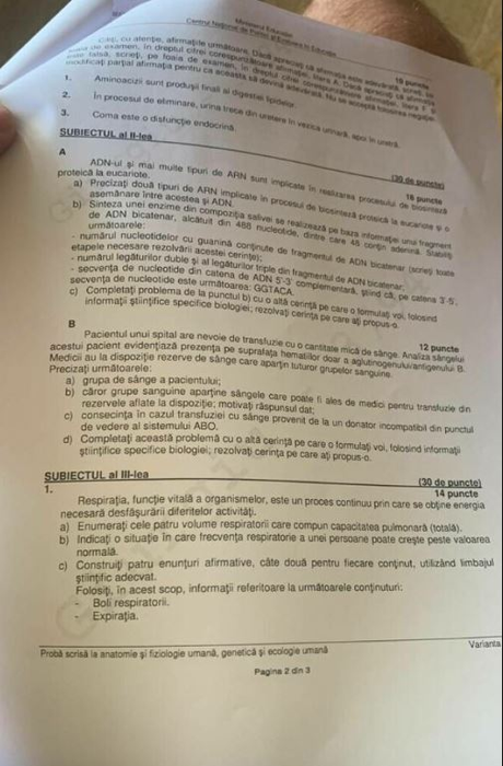 Subiectele pentru Anatomie de la BAC 2022