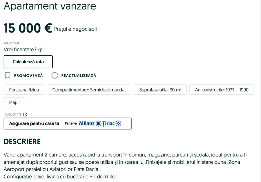 Apartamentul de 15.000 de euro se află în Petroșani, județul Hunedoara/ sursă foto: OLX