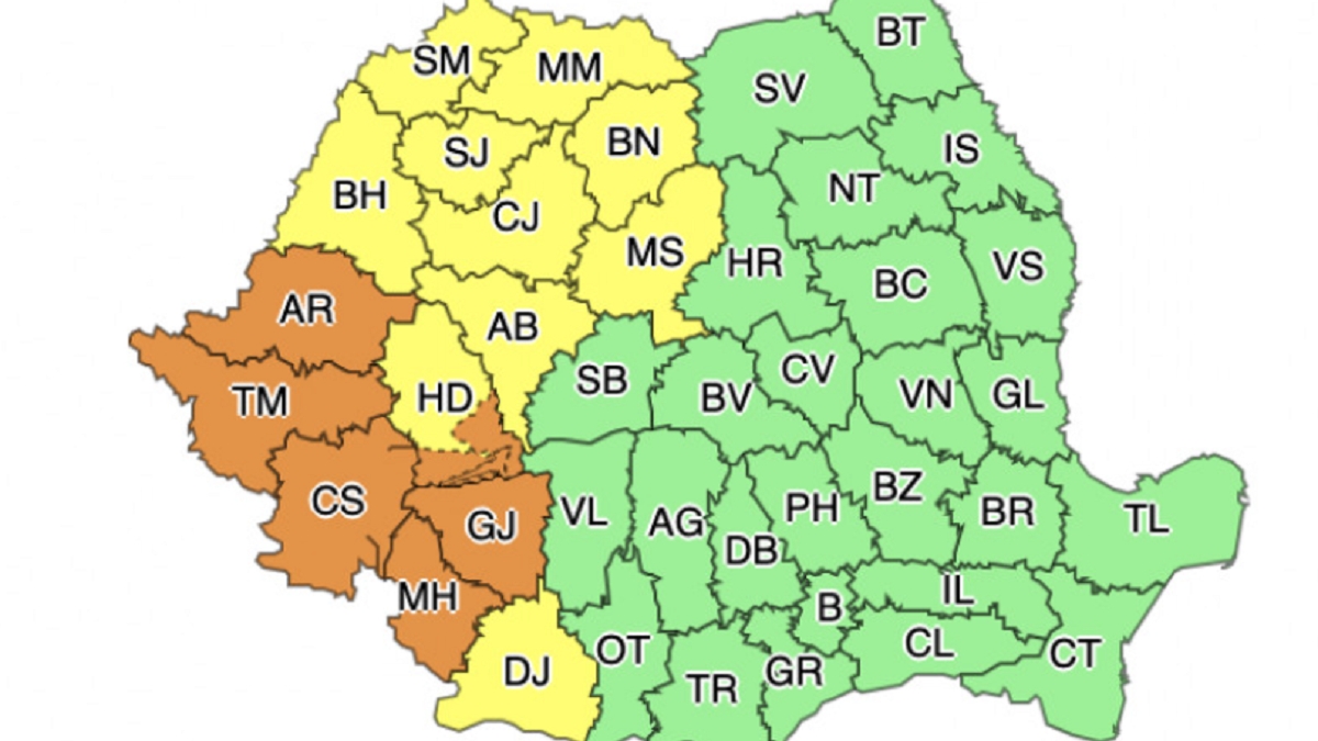 Avertizare ANM. Cod portocaliu și galben în 6 județe din România