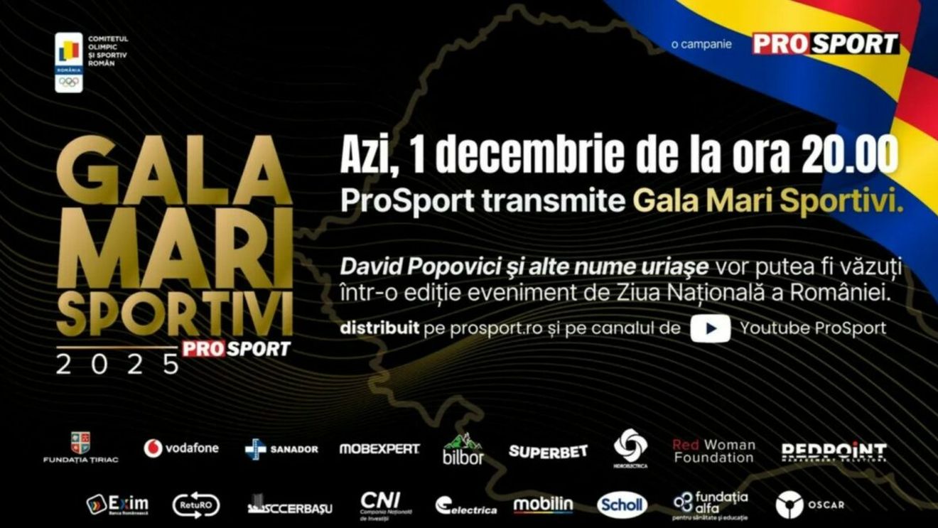 GALA MARI SPORTIVI, transmisă de ProSport de Ziua Națională a României de la ora 20:00. David Popovici şi alte nume uriaşe vor putea fi văzute într-o ediție eveniment de 1 Decembrie