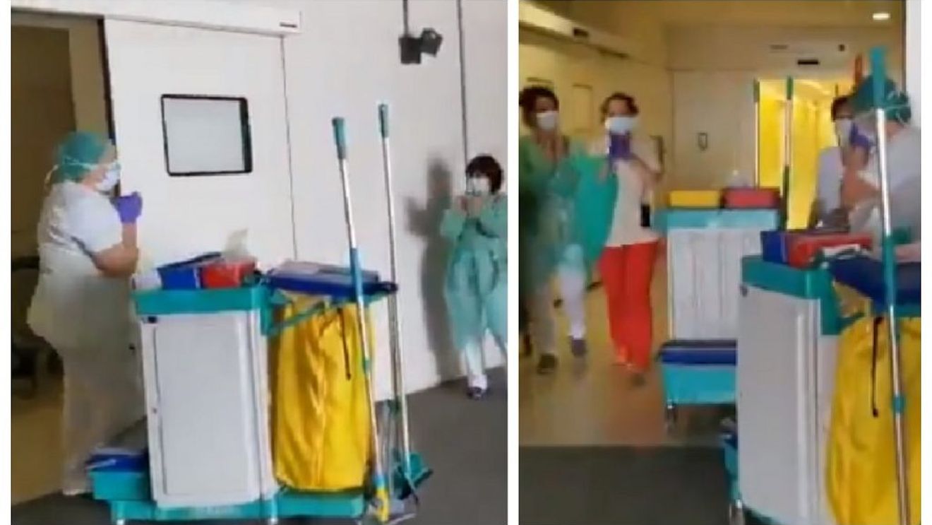 VIDEO. Imagini emoționante! Femeile de serviciu din spitale au fost aplaudate minute în șir de cadrele medicale