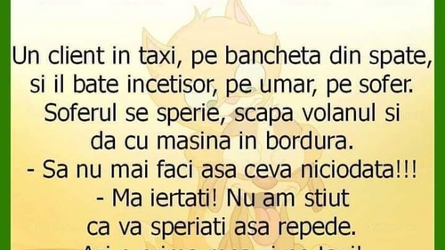 BANC | Un client, în taxi, stă pe bancheta din spate și îl bate pe șofer, pe umăr