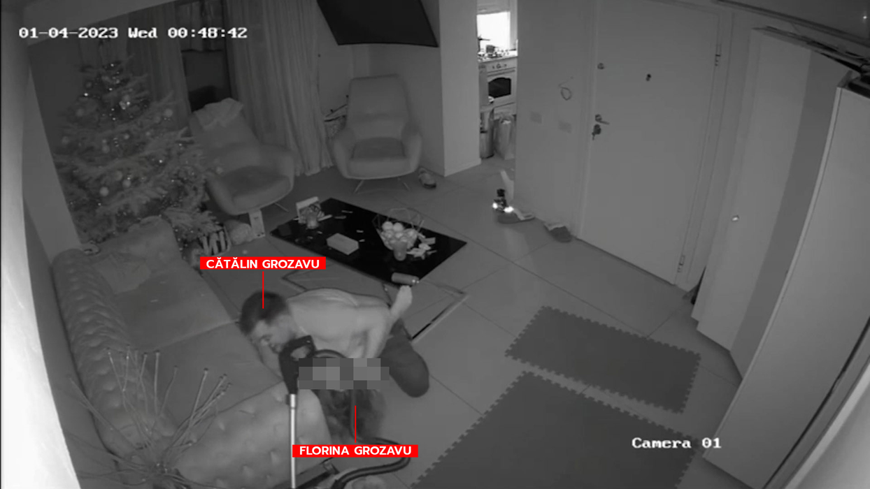 cu Cătălin Grozavu, în timp ce își bate cu brutalitate soția