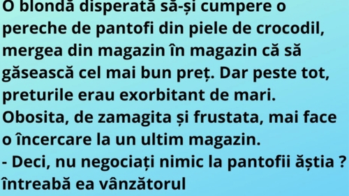 BANC | O blondă disperată să-şi cumpere o pereche de pantofi