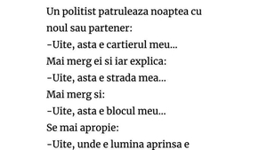 BANC | Un polițist patrulează noaptea cu noul său partener: "Uite, aia e nevasta mea!"