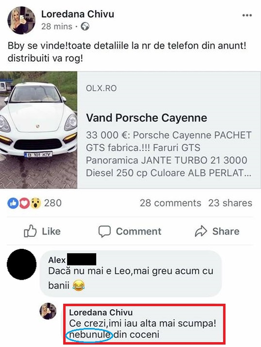 Loredana Chivu, jignită în public după ce și-a scos bolidul de lux la vânzare: „Dacă nu mai e Leo, mai greu acum cu banii. Ești o analfabetă”