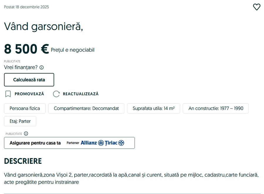 Unde îți poți cumpăra, în România, o garsonieră cu doar 8.500 de euro. Este la parter/ sursă foto: OLX