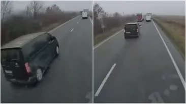 Momentul impactului de pe DN6 a fost filmat. Ce greșeală a făcut microbuzul negru care a intrat în TIR
