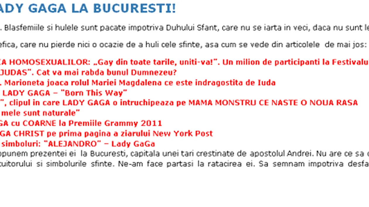 Mii de romani se opun concertului Lady Gaga, pe motiv ca e unealta Diavolului: Nu vrem sa fim partasi la ratacirea ei!