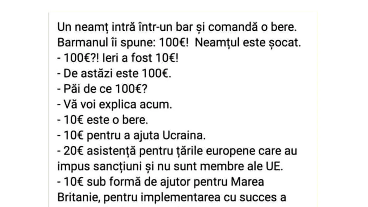 BANC | Un neamț intră în bar și comandă o bere: Costă 100 de euro!